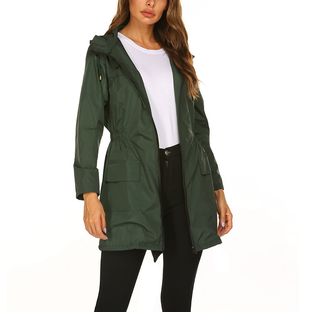 Women's Hooded Waterproof Long Rain Jacket Pockets