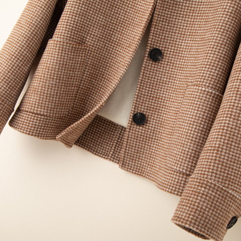 Women's Relaxed Check Tweed Jacket Pockets Button-Front