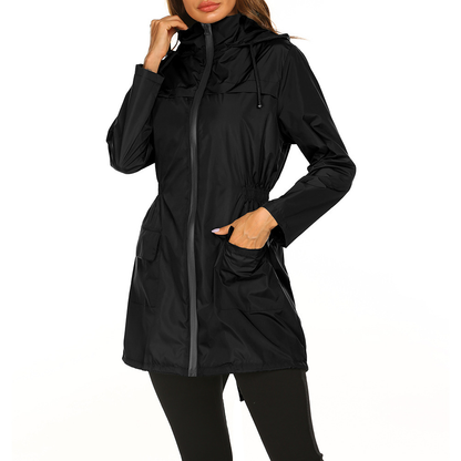 Women's Hooded Waterproof Long Rain Jacket Pockets