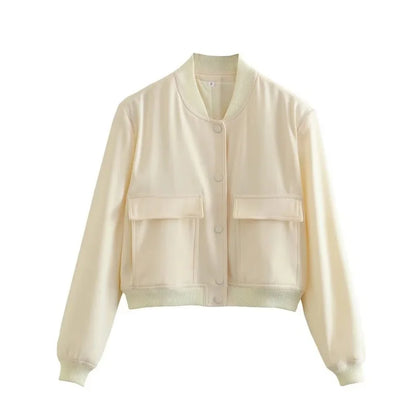 Women's Cropped Bomber Jacket Pockets Button-Front