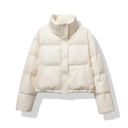 Women's Faux Leather Cropped Winter Puffer Jacket Pockets Button-Front