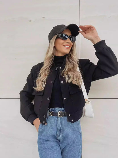 Women's Cropped Bomber Jacket Pockets Button-Front