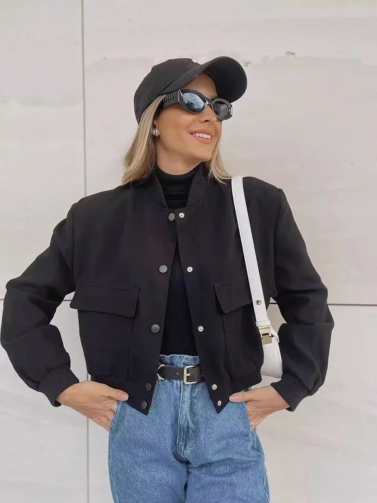 Women's Cropped Bomber Jacket Pockets Button-Front