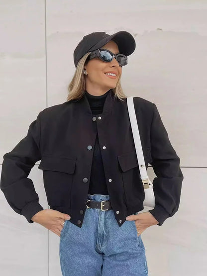 Women's Cropped Bomber Jacket Pockets Button-Front