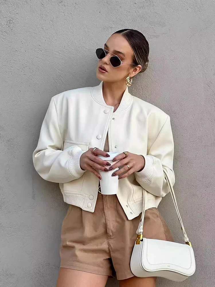 Women's Cropped Bomber Jacket Pockets Button-Front