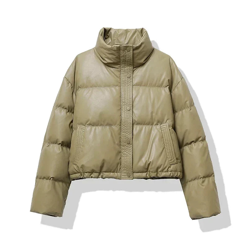 Women's Faux Leather Cropped Winter Puffer Jacket Pockets Button-Front
