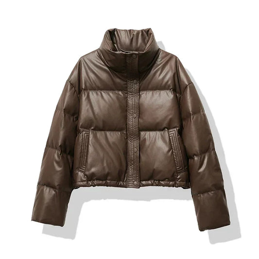 Women's Faux Leather Cropped Winter Puffer Jacket Pockets Button-Front