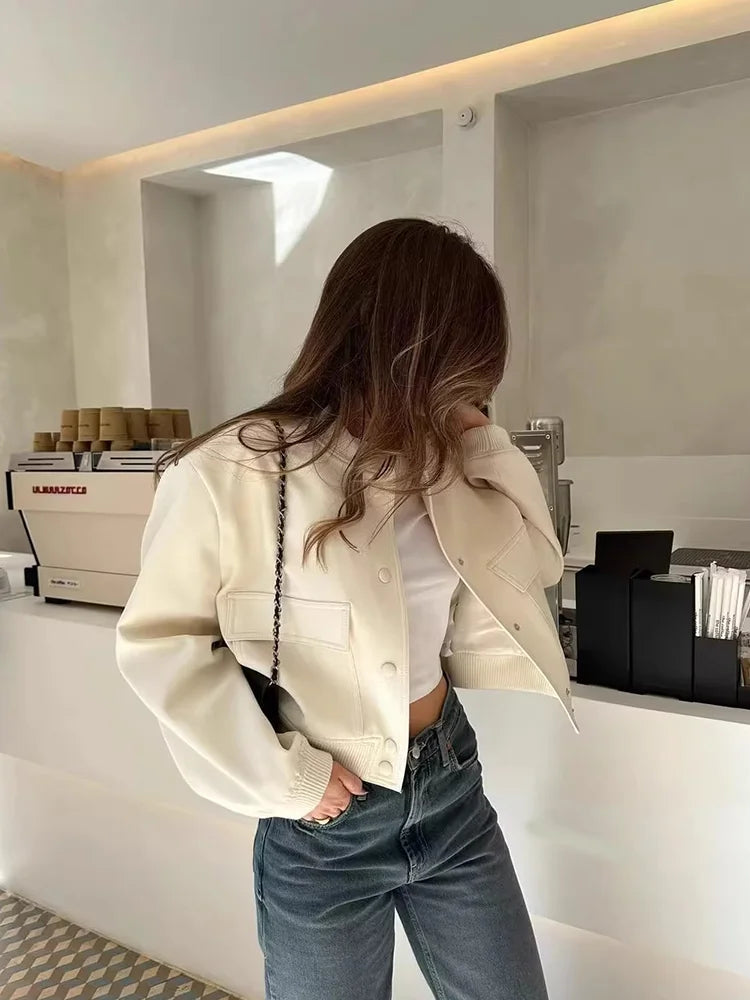 Women's Cropped Bomber Jacket Pockets Button-Front