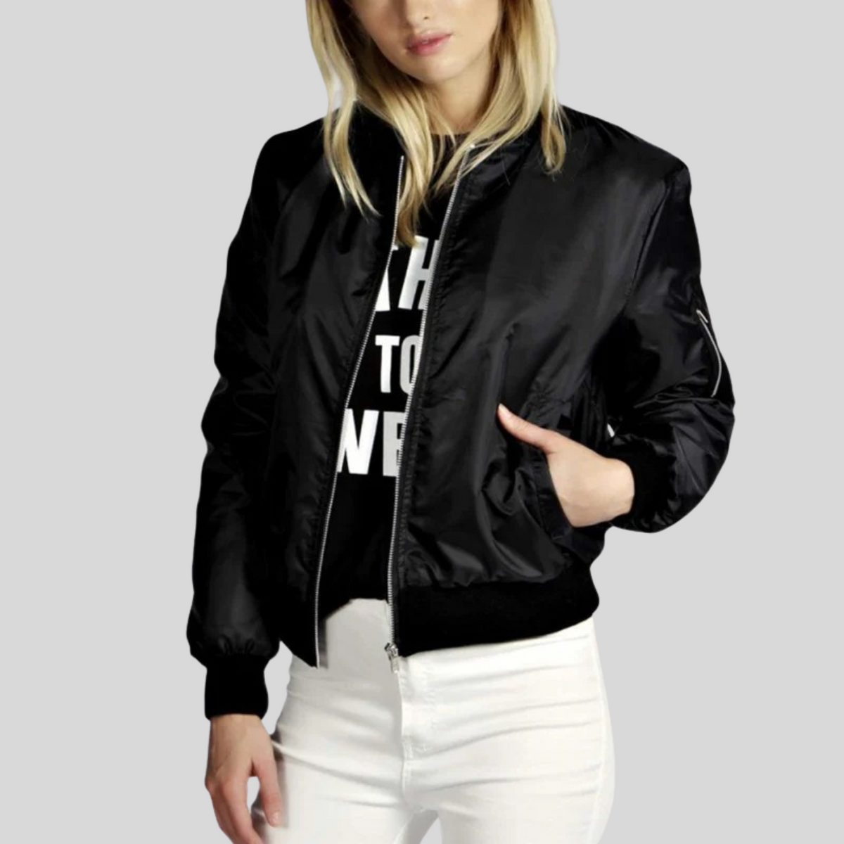 Women's Lightweight Cropped Bomber Jacket Pockets Relaxed-Fit