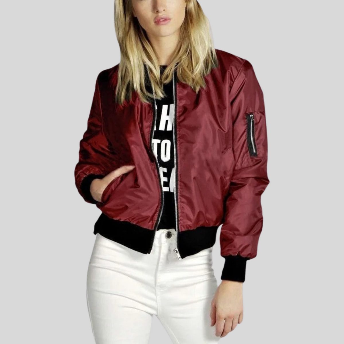 Women's Lightweight Cropped Bomber Jacket Pockets Relaxed-Fit