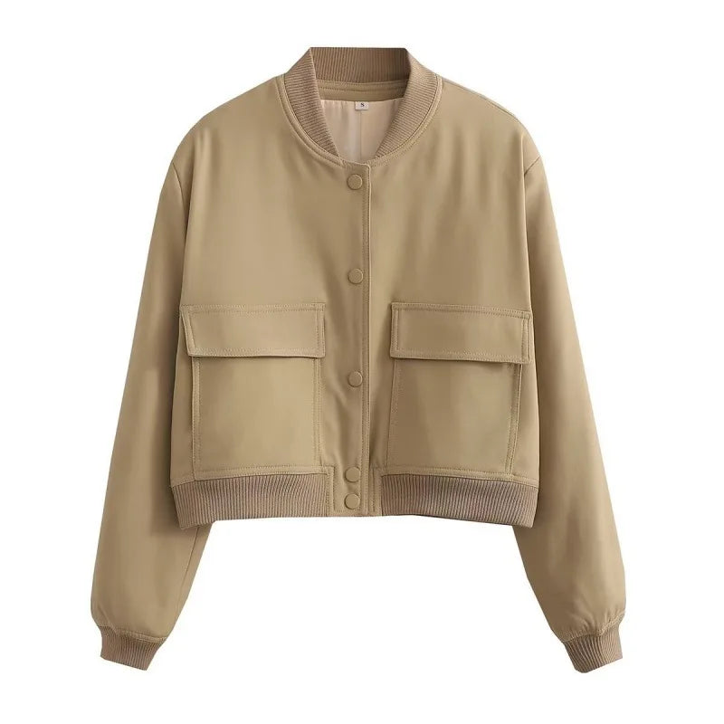 Women's Cropped Bomber Jacket Pockets Button-Front
