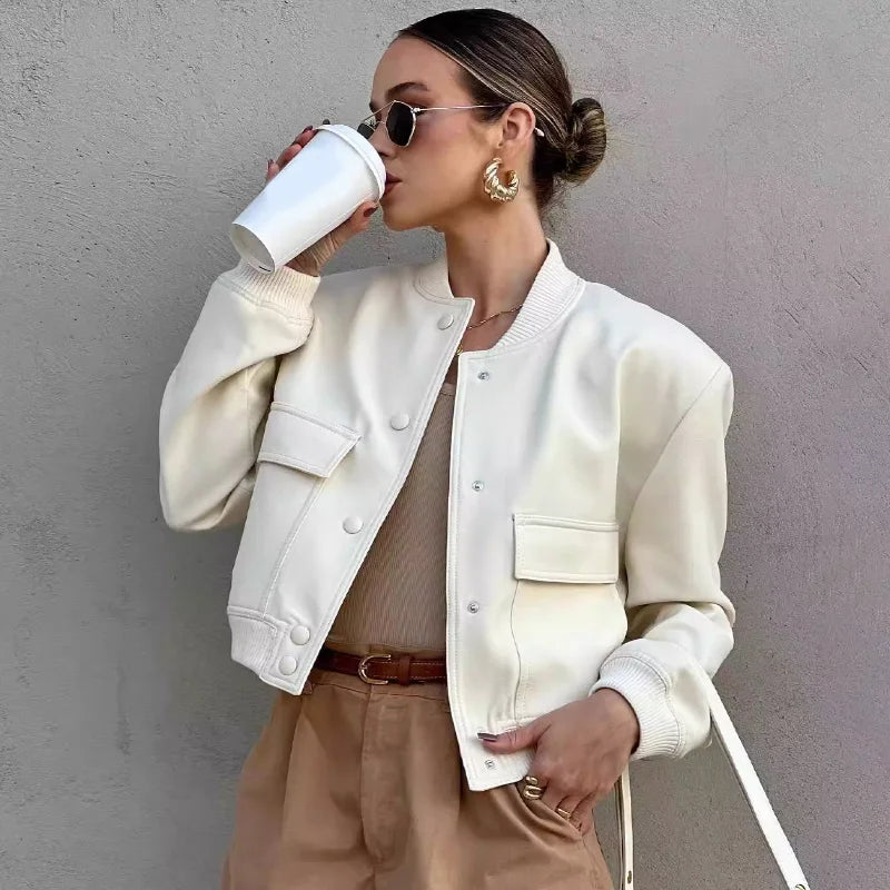 Women's Cropped Bomber Jacket Pockets Button-Front