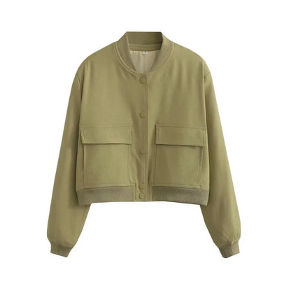 Women's Cropped Bomber Jacket Pockets Button-Front