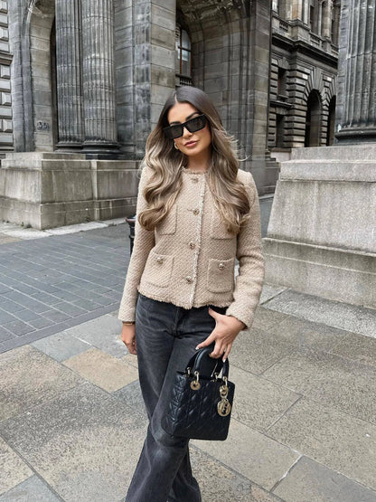 Women's Boxy Cropped Tweed Jacket Pockets Button-Front