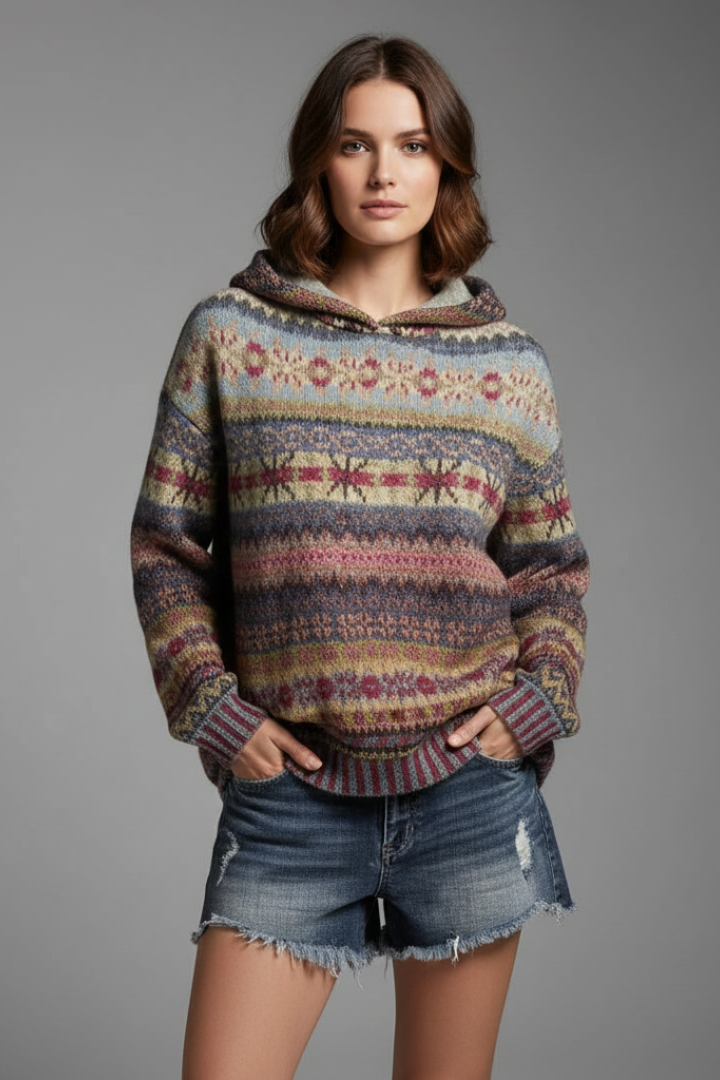 Women's Patterned Ribbed-Cuff Hoodie