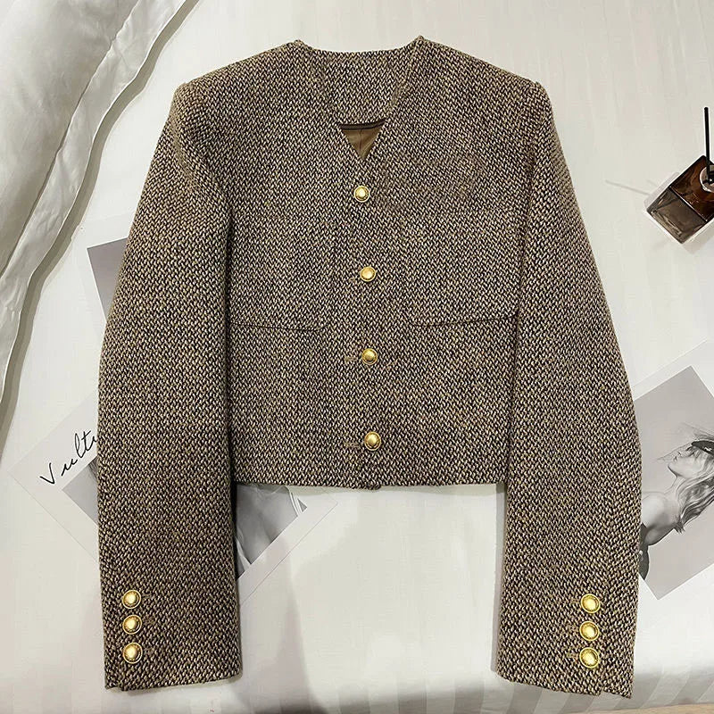 Women's Cropped Tweed Work Blazer Pockets