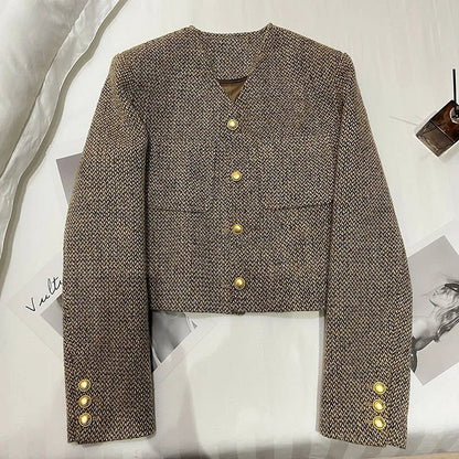 Women's Cropped Tweed Work Blazer Pockets