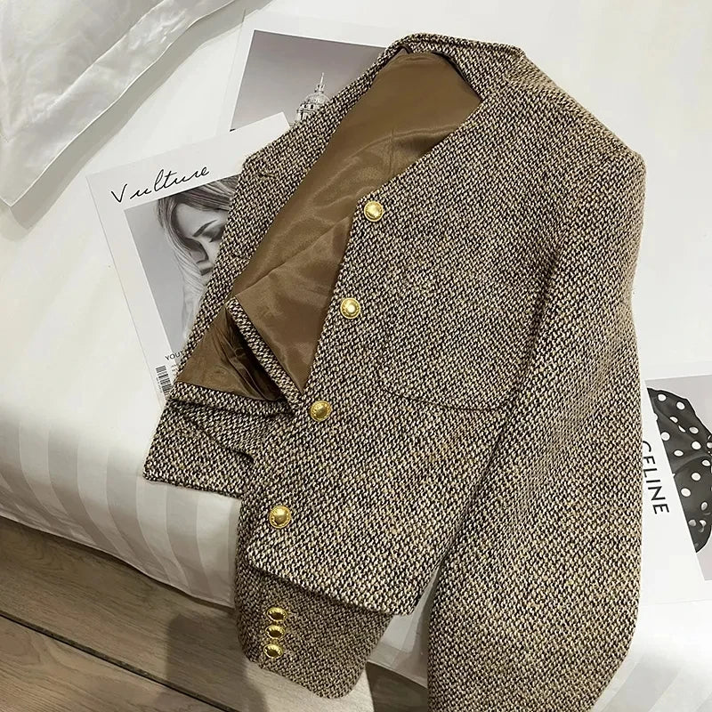Women's Cropped Tweed Work Blazer Pockets