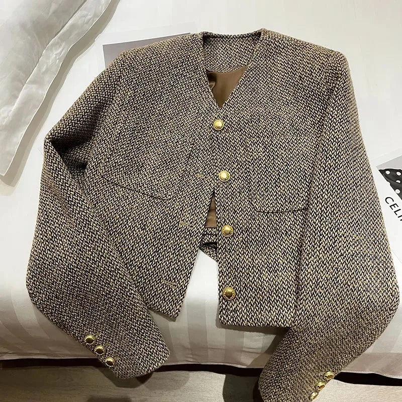 Women's Cropped Tweed Work Blazer Pockets