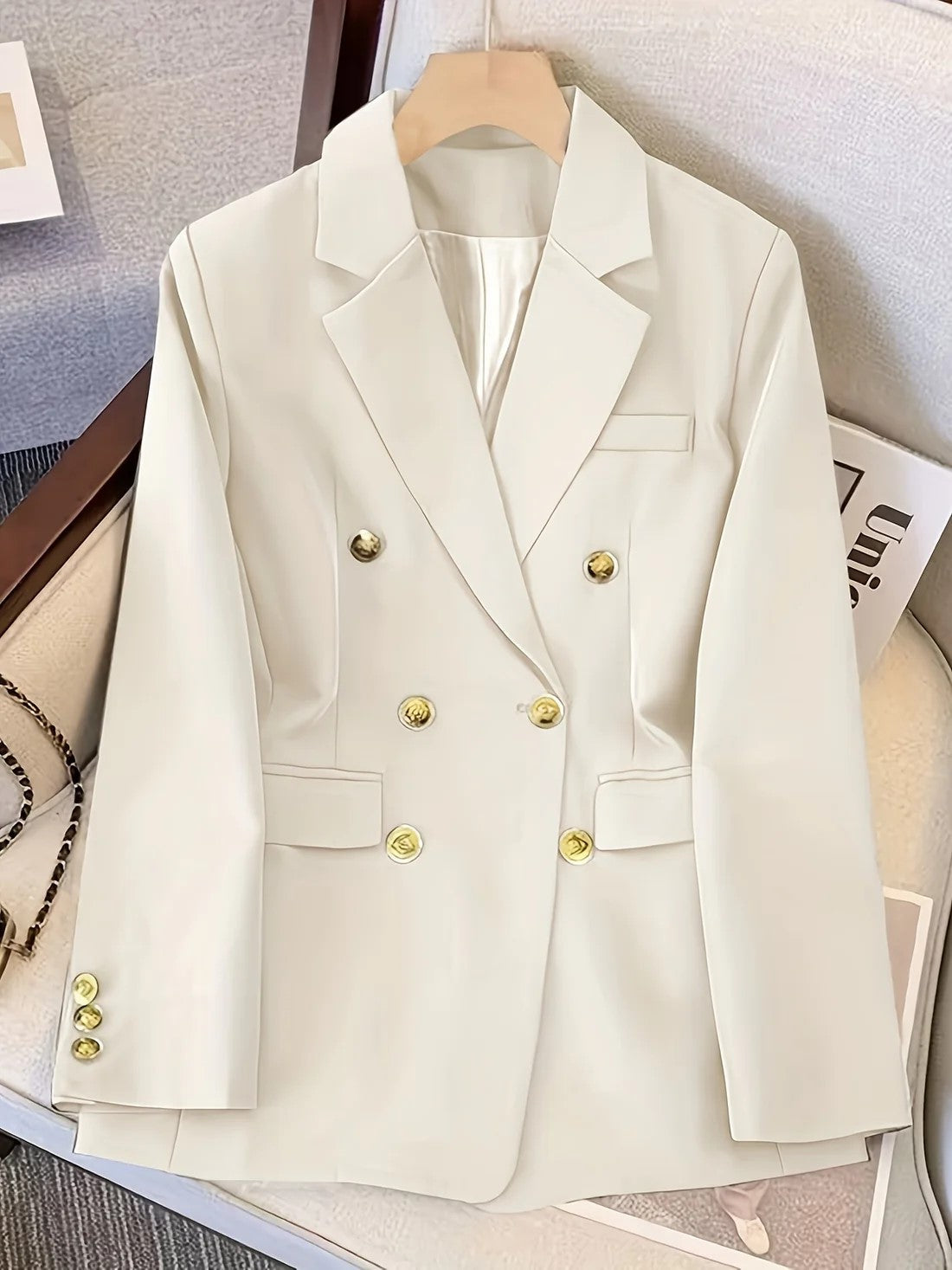 Women's Tailored Double-Breasted Suit Blazer Pockets