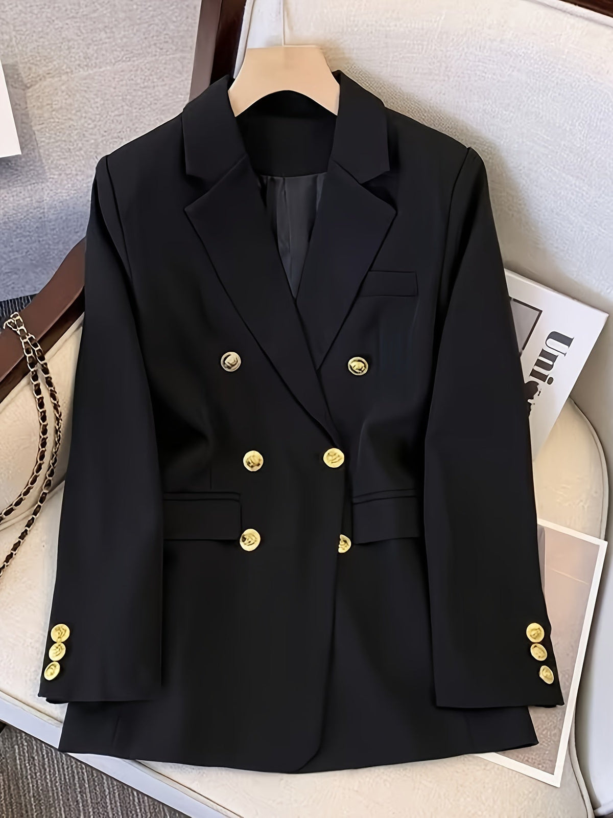 Women's Tailored Double-Breasted Suit Blazer Pockets