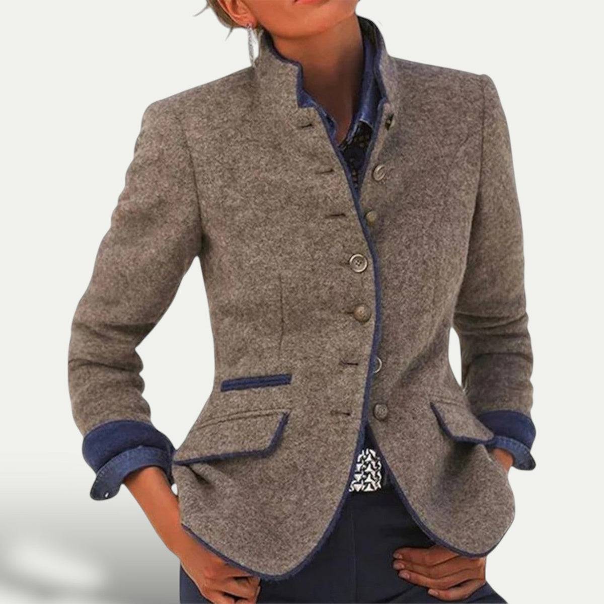Women's Tailored Contrast-Trim Work Blazer Pockets Stand Collar