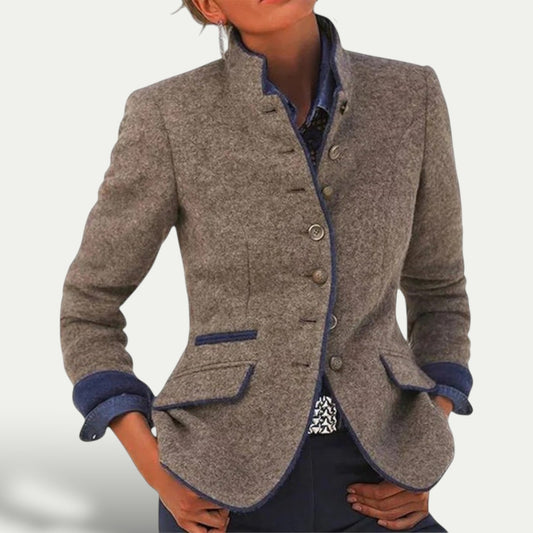 Women's Tailored Contrast-Trim Work Blazer Pockets Stand Collar