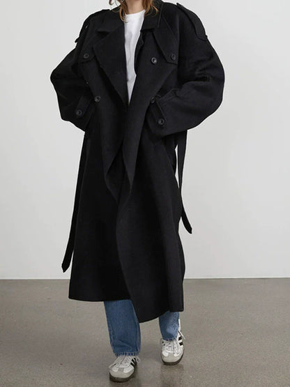 Women's Wool-Feel Double-Breasted Belted Trench Coat Oversized