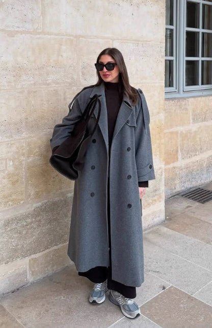 Women's Wool-Feel Double-Breasted Belted Trench Coat Oversized