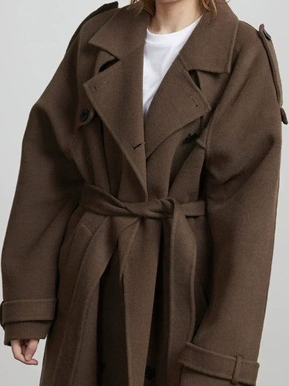 Women's Wool-Feel Double-Breasted Belted Trench Coat Oversized