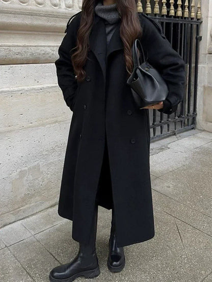 Women's Wool-Feel Double-Breasted Belted Trench Coat Oversized