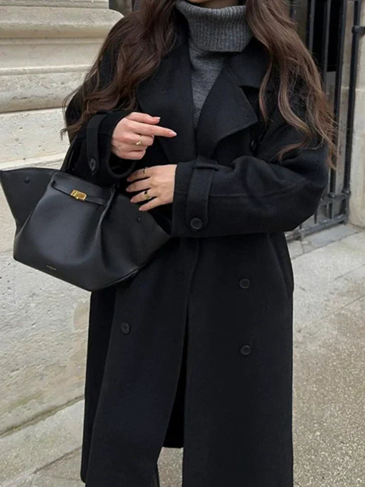 Women's Wool-Feel Double-Breasted Belted Trench Coat Oversized