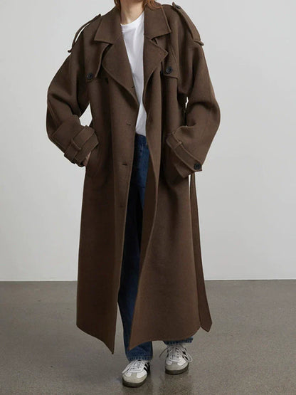 Women's Wool-Feel Double-Breasted Belted Trench Coat Oversized