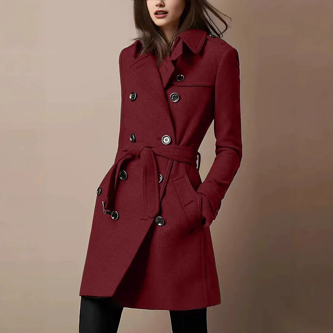 Women's Double-Breasted Belted Long Coat Slim-Fit