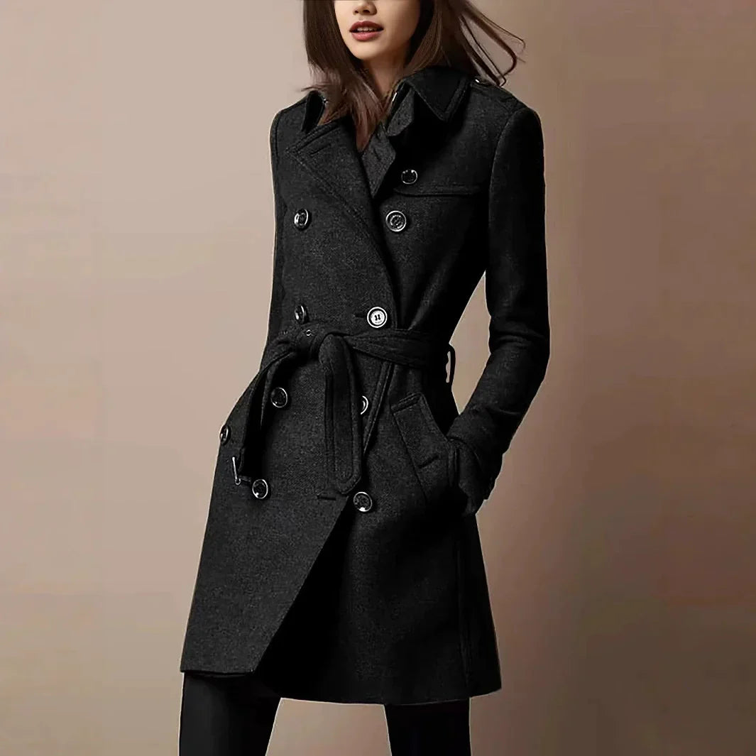 Women's Double-Breasted Belted Long Coat Slim-Fit