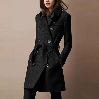 Women's Double-Breasted Belted Long Coat Slim-Fit