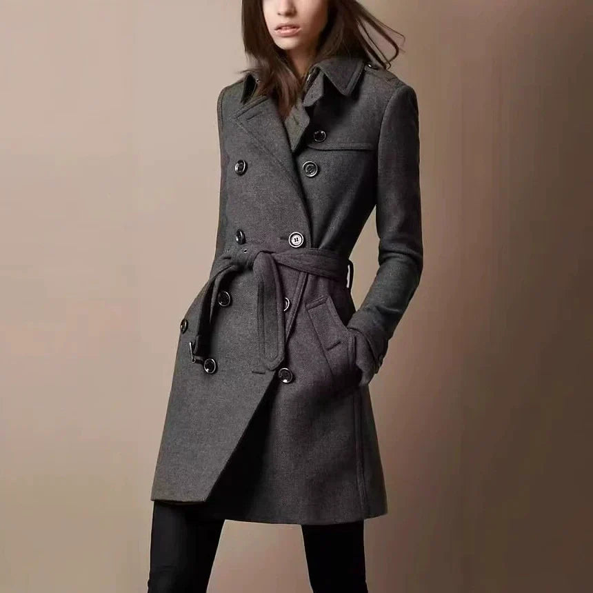 Women's Double-Breasted Belted Long Coat Slim-Fit