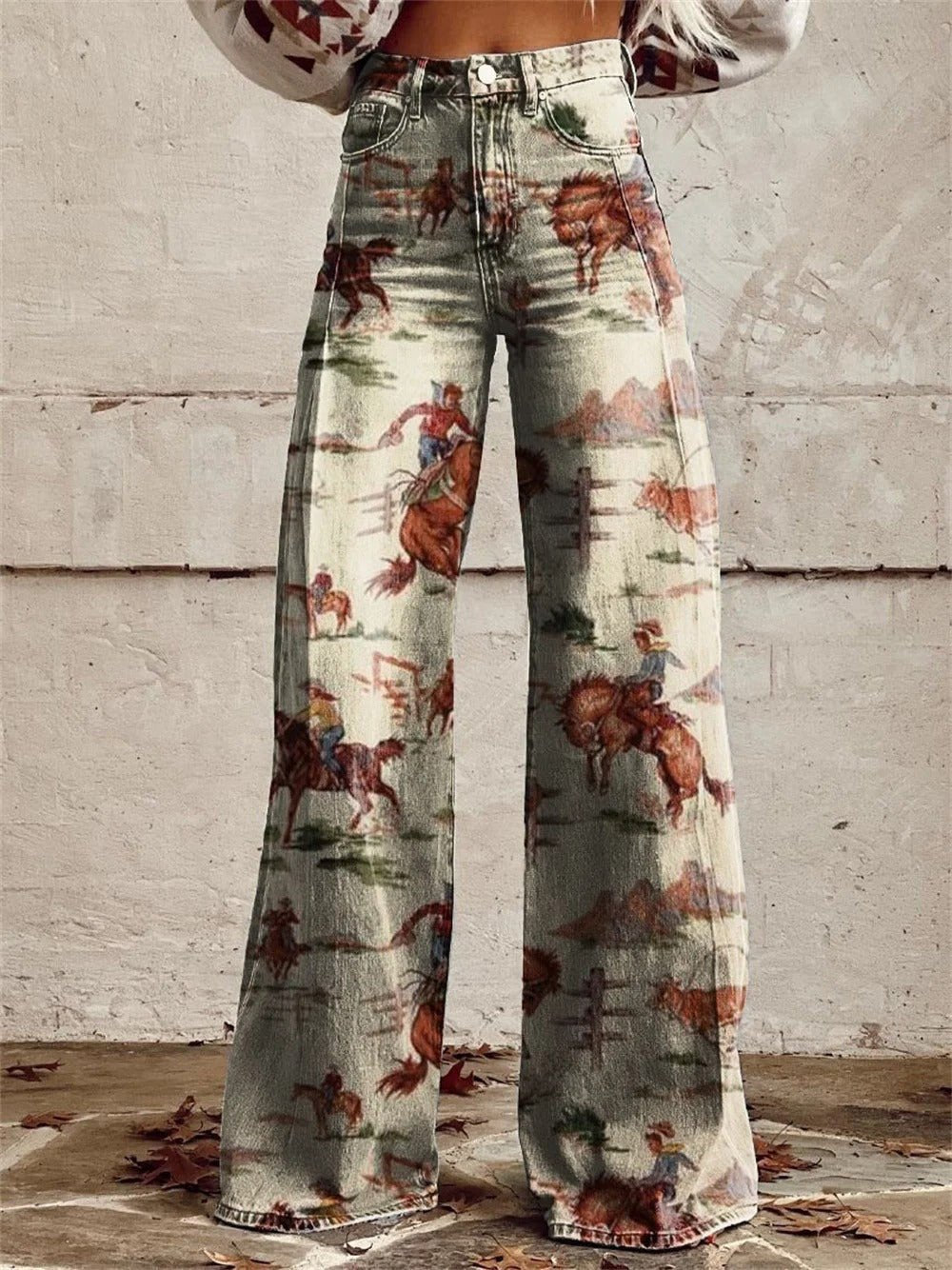 Women's Western Print Denim Wide-Leg Trousers