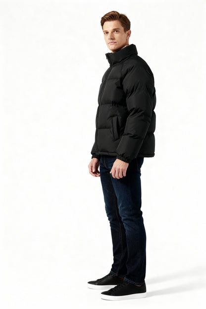 Men's Fleece-Lined Winter Puffer Jacket Stand Collar Relaxed-Fit