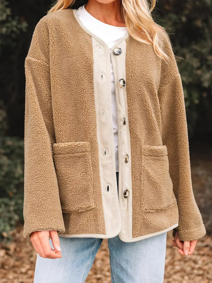 Women's Fluffy Winter Teddy Jacket Pockets Button-Front