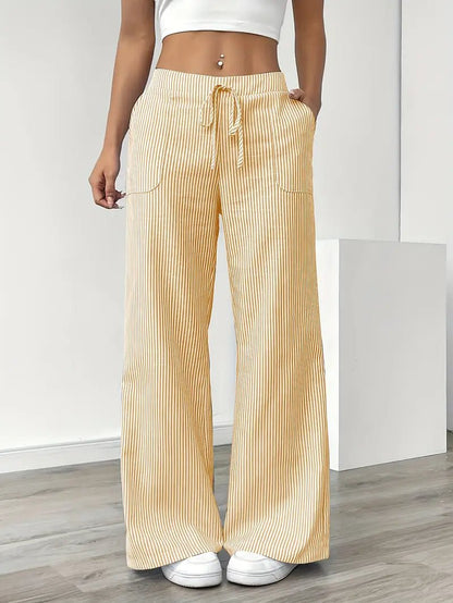 Women's Striped Linen Drawstring Wide-Leg Trousers