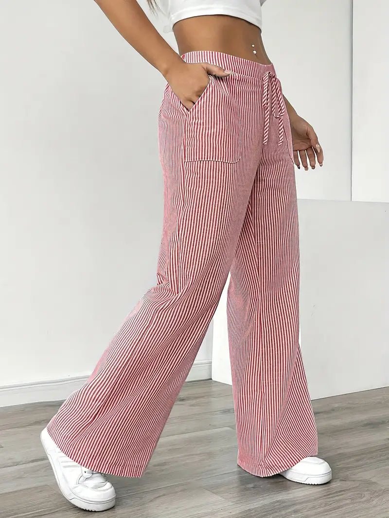 Women's Striped Linen Drawstring Wide-Leg Trousers