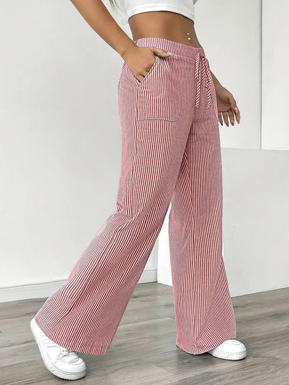 Women's Striped Linen Drawstring Wide-Leg Trousers