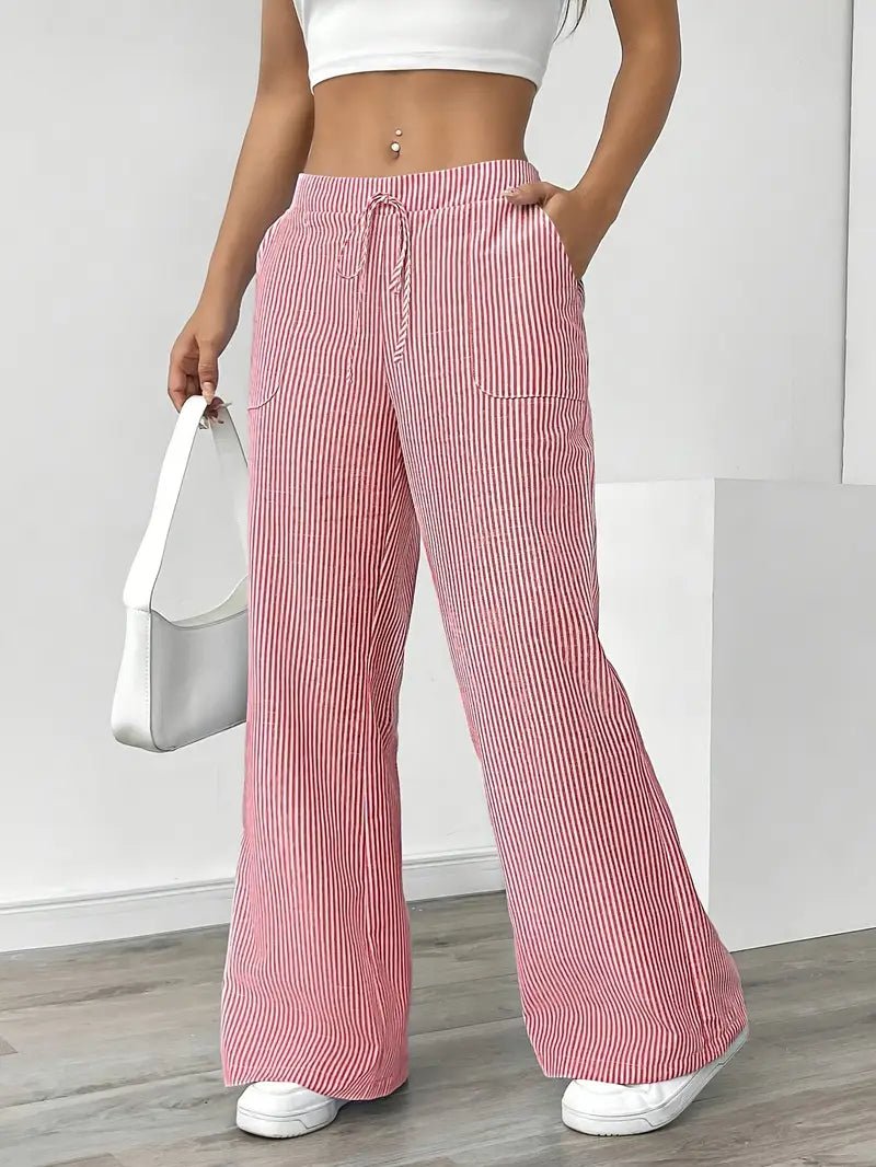Women's Striped Linen Drawstring Wide-Leg Trousers