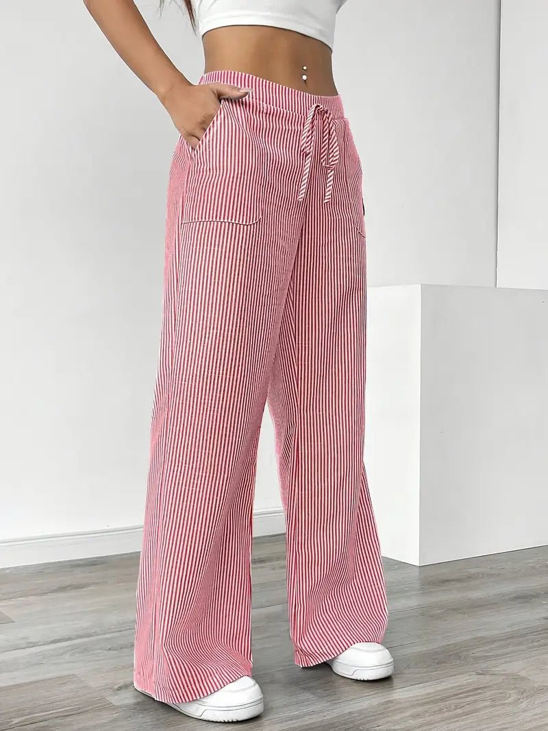 Women's Striped Linen Drawstring Wide-Leg Trousers