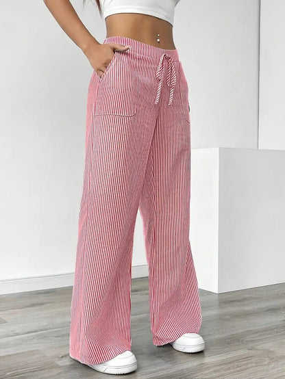 Women's Striped Linen Drawstring Wide-Leg Trousers