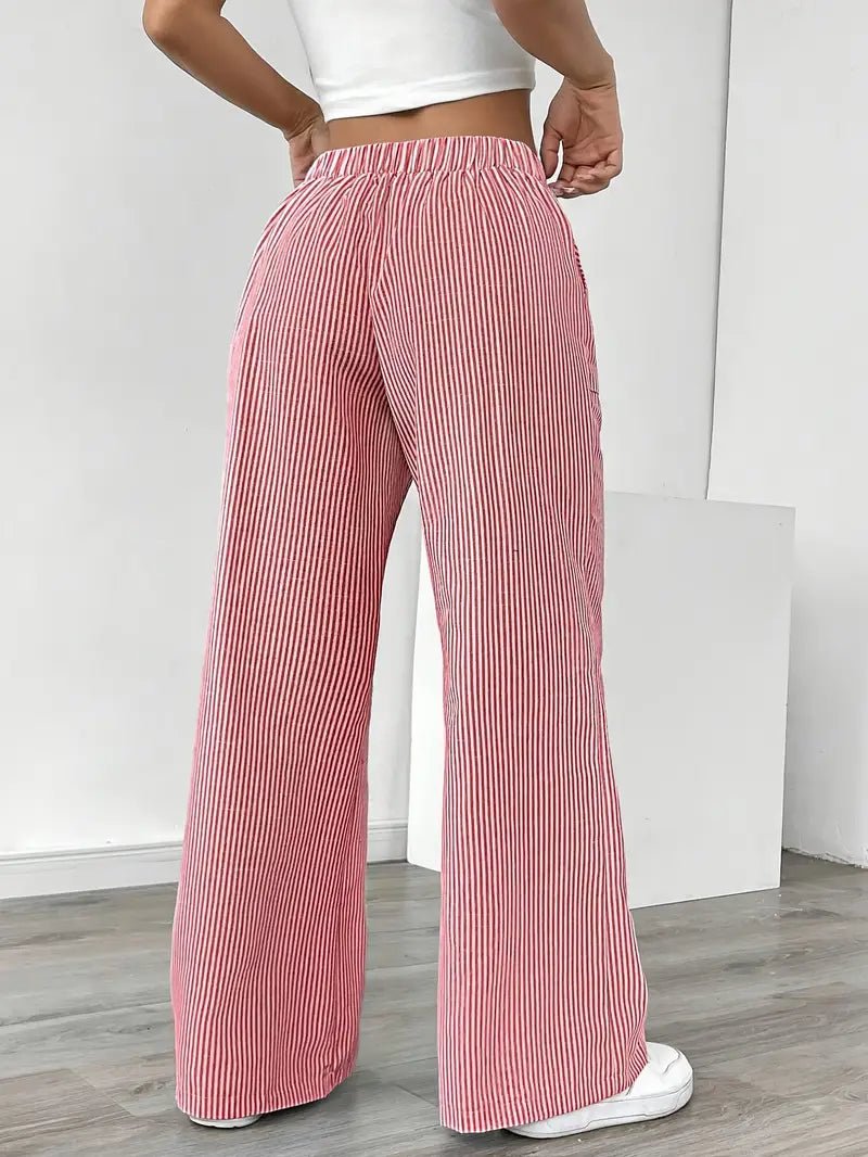 Women's Striped Linen Drawstring Wide-Leg Trousers