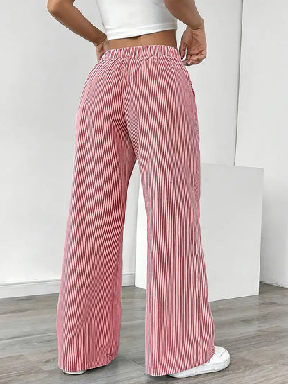 Women's Striped Linen Drawstring Wide-Leg Trousers