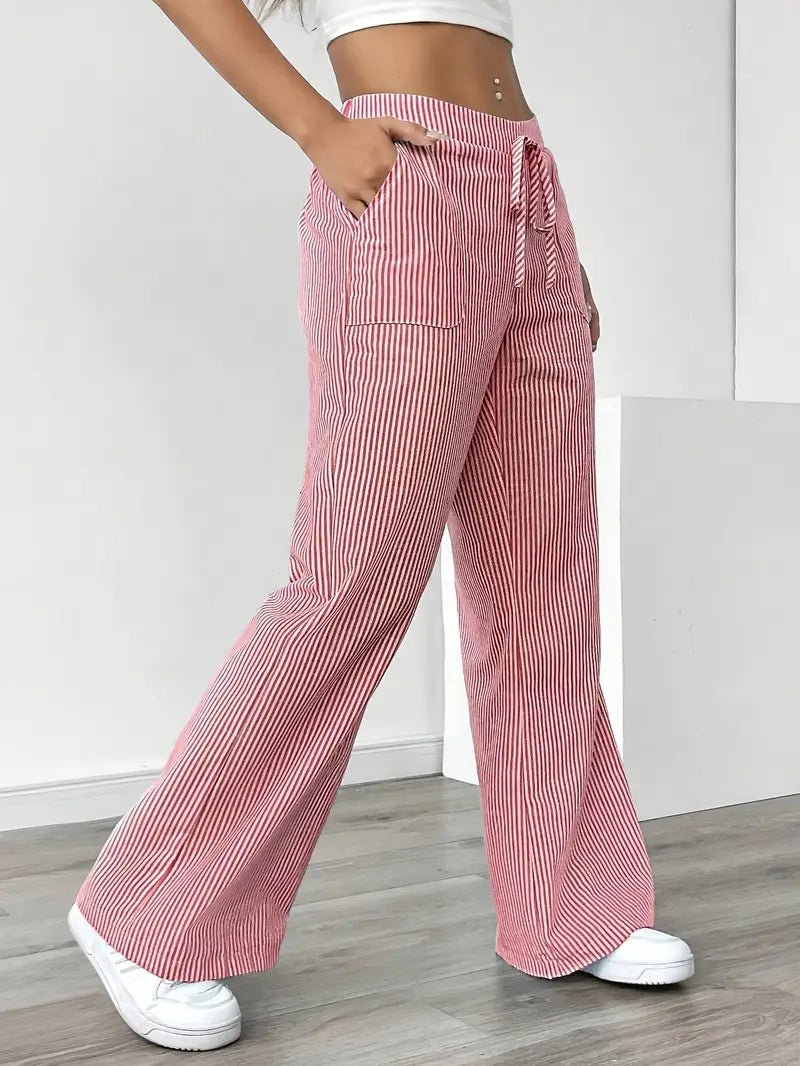 Women's Striped Linen Drawstring Wide-Leg Trousers