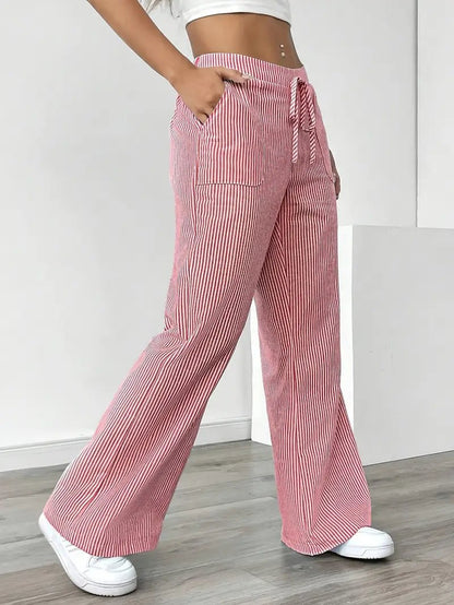 Women's Striped Linen Drawstring Wide-Leg Trousers